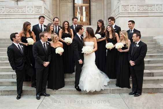 Black tie bridal party  Black bridal parties, Black wedding dresses, Black  bridesmaid dresses