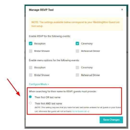 Manage RSVP Tool - Guests Search By Name Settings