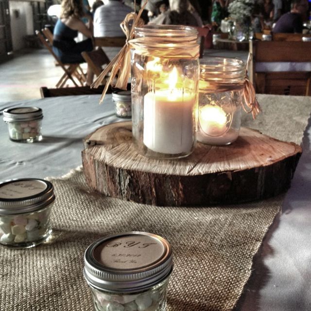 Candle Centerpieces - Mason Jars on Wood