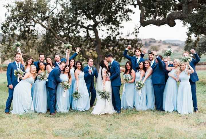 Wedding Party With Bride and Groom. Blue Bridesmaid Dresses