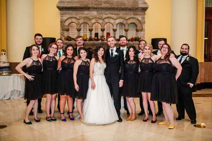 bridal party with ties and shoes matching their hogwarts houses