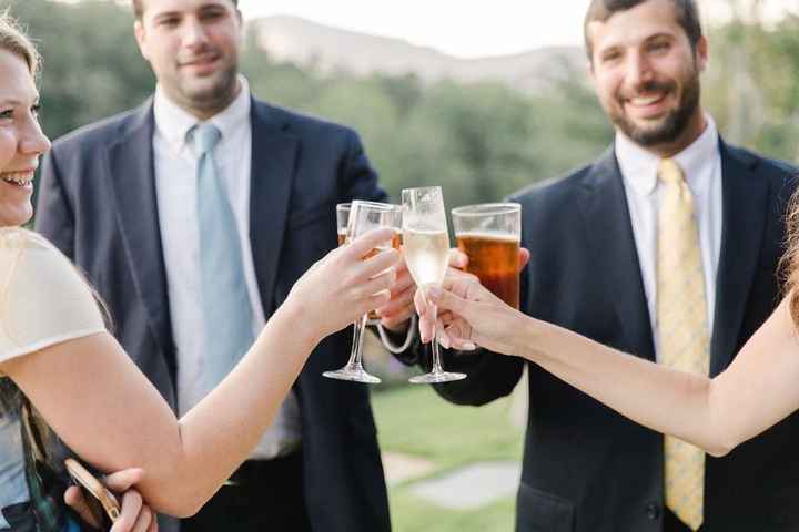 Wedding guests clinking champagne and beer glasses during cocktail hour