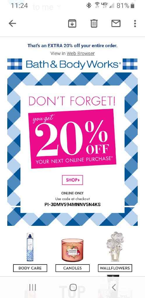 Bath & body works 20% off online only - 1