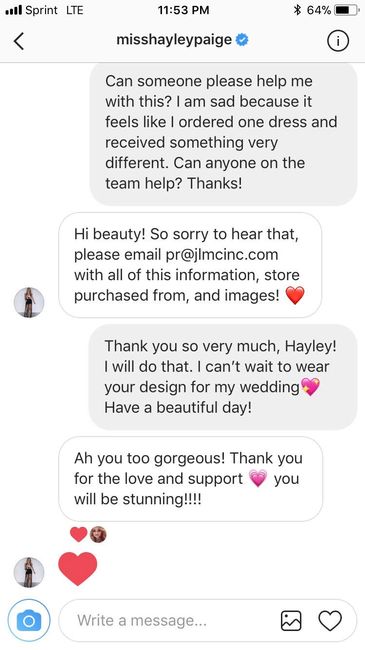 Follow up from Hayley Paige herself on gown issue 1