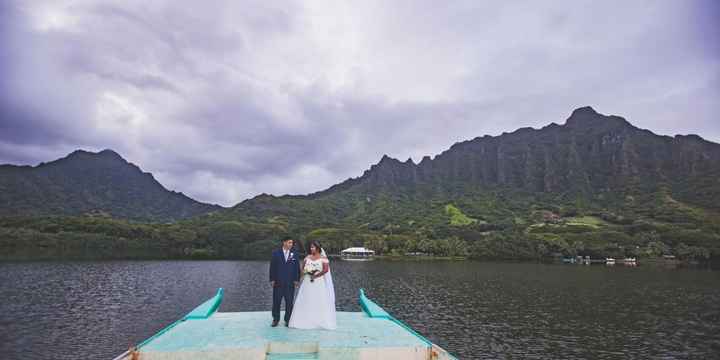 Riding in on the boat (white tent is reception area)