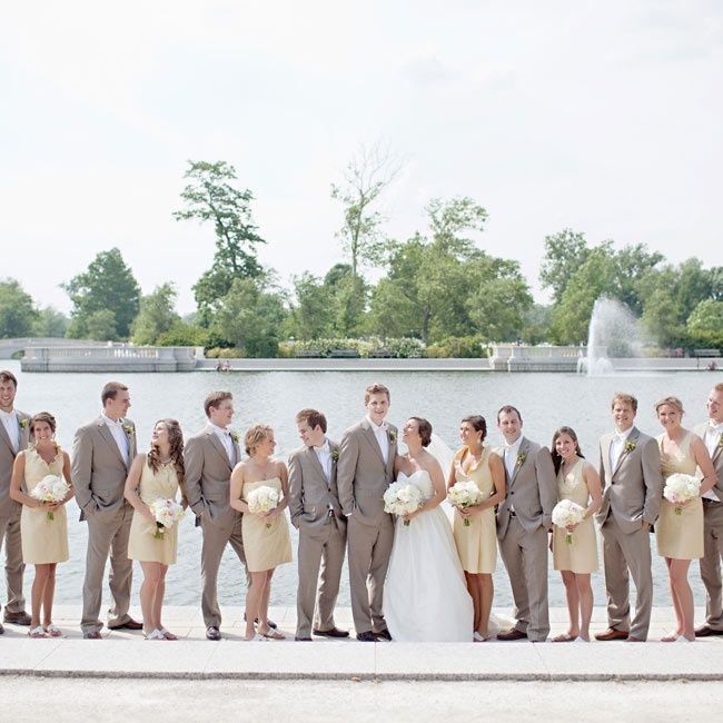 Champagne bridesmaids dresses and gray slacks for groomsmen - 1