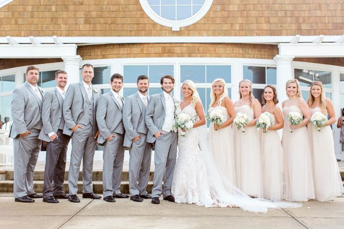 Champagne bridesmaids dresses and gray slacks for groomsmen 3