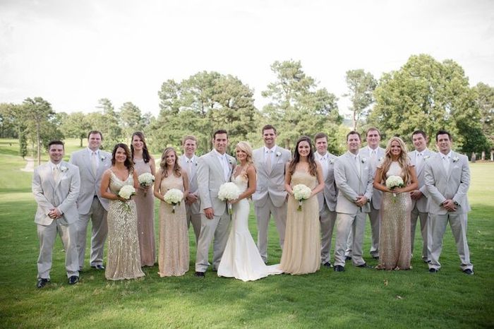 Champagne bridesmaids dresses and gray slacks for groomsmen 4