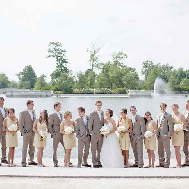 Champagne bridesmaids dresses and gray slacks for groomsmen - 1