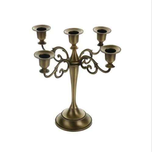 5 Arm, Antique Brass Candelabras Draped With Ivory Pearls For Centerpieces.
