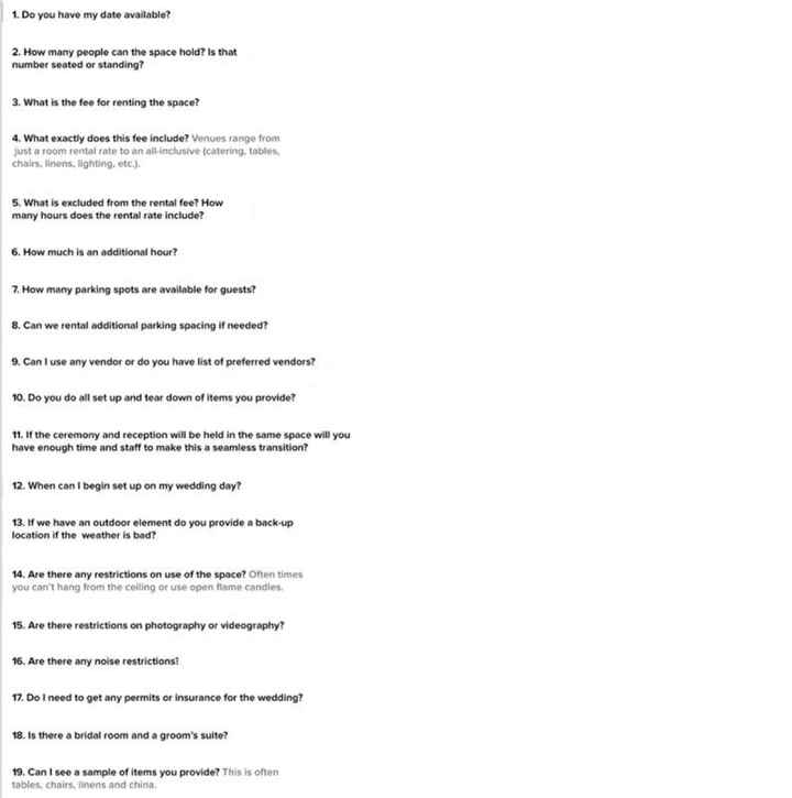 Questions to ask when touring a venue?