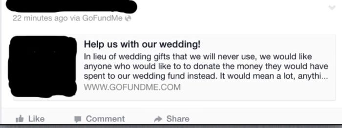 Go fund me for a wedding? UPDATE: it got worse!