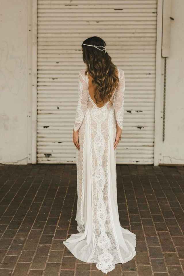 Long sleeve bohemian low back wedding dress with semi-sheer lace