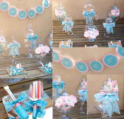 DIY Candy Buffet~Vintage Rose Pink & Aqua, lace ribbon bows and flowers with crystal centers