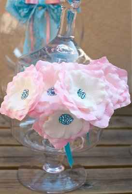 DIY Candy Buffet~Vintage Rose Pink & Aqua, lace ribbon bows and flowers with crystal centers