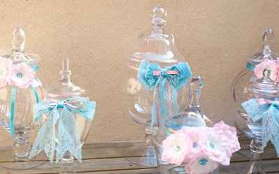 DIY Candy Buffet~Vintage Rose Pink & Aqua, lace ribbon bows and flowers with crystal centers