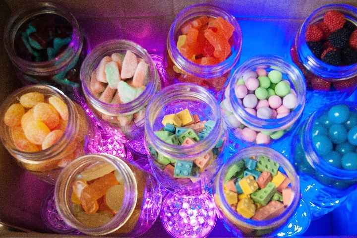 Candy, water beads, fairy lights