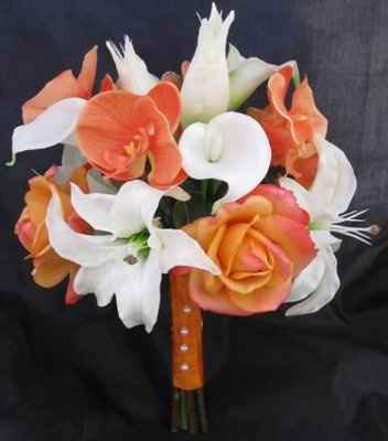 what flowers for black bridesmaids dresses with orange shawls?