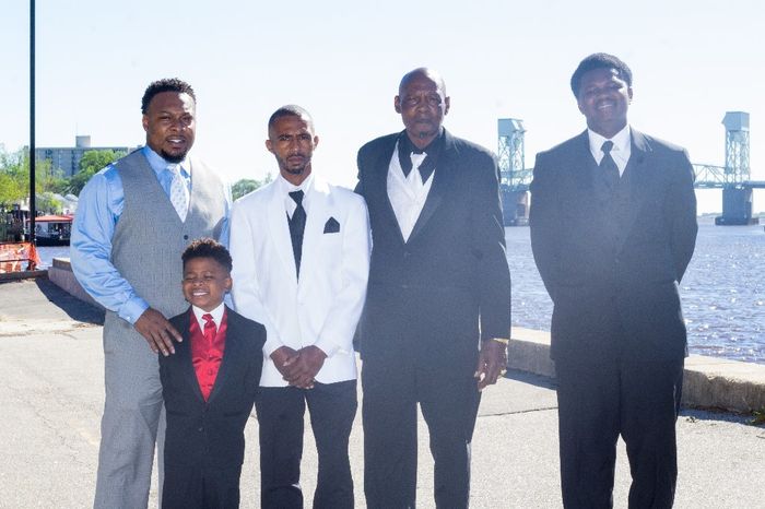 Groom in white My brother and nephew my dad and son 