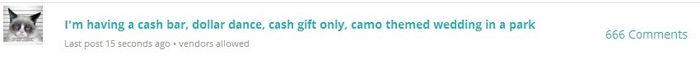 I'm having a cash bar, dollar dance, cash gift only, camo themed wedding in a park