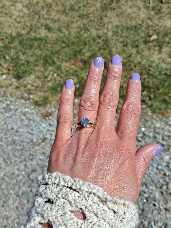 Show me your solitaire engagement rings with plain metal wedding bands. - 2