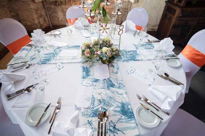 We had no theme besides getting married, but decided to use a "delftware" color code for all the sta