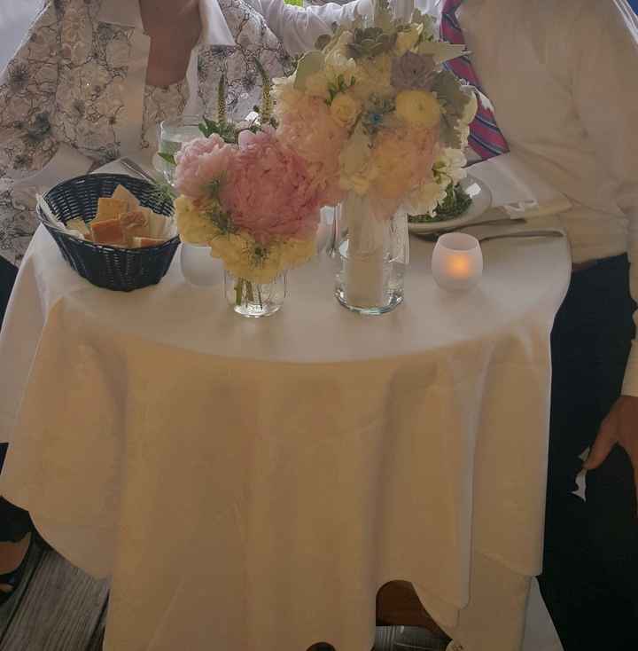 Spinoff-- Sweetheart tables with bride/BM boquet as decoration