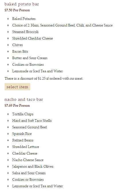 Menu for a lunch time reception