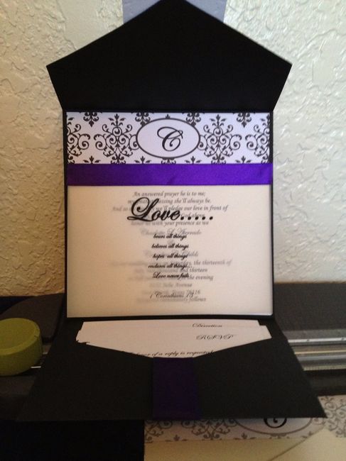 finishing touches on my invitations.  Opinions on ribbon?