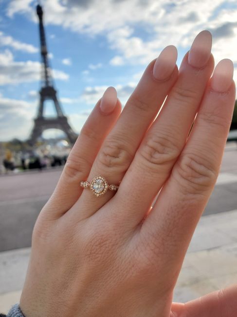 Here is my ring. We got engaged this past November while on vacation in Paris.