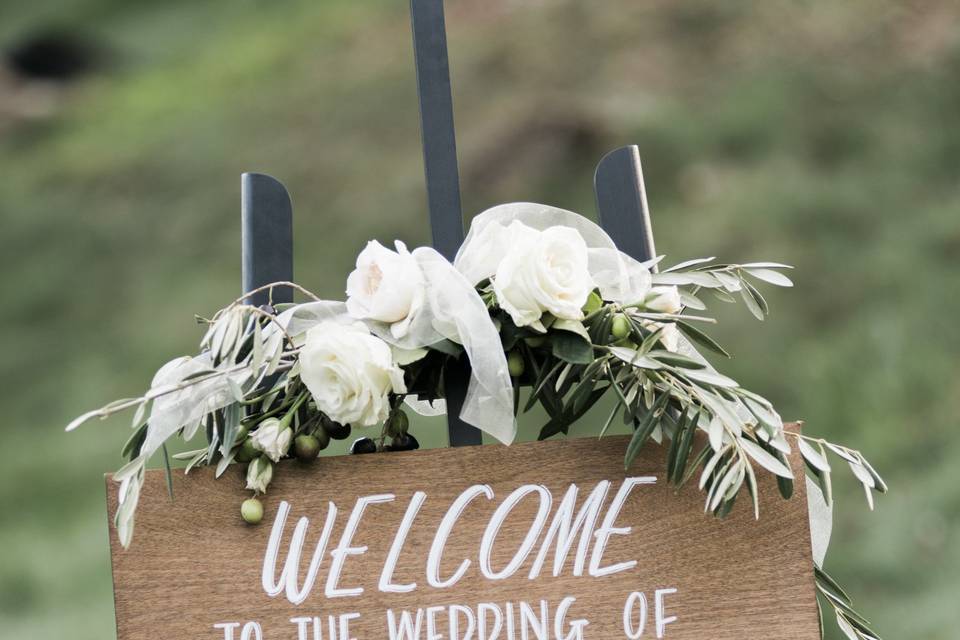 Closeup view of the ceremony welcome sign.
