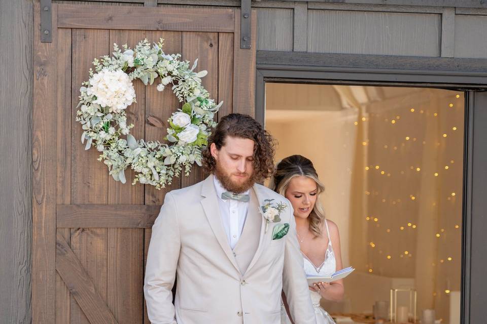 Bride and groom at barn