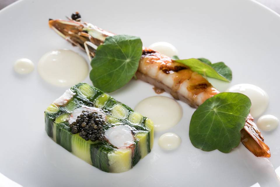 Sweet kauai shrimp, leek terrine, caviar, myer lemon aioili