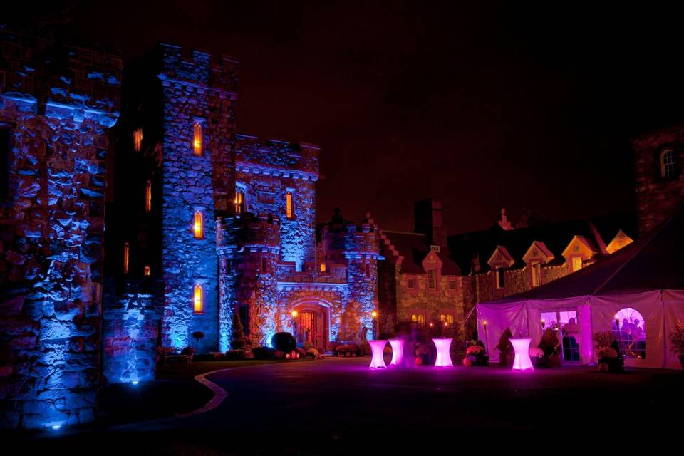 Purple and blue venue uplighting