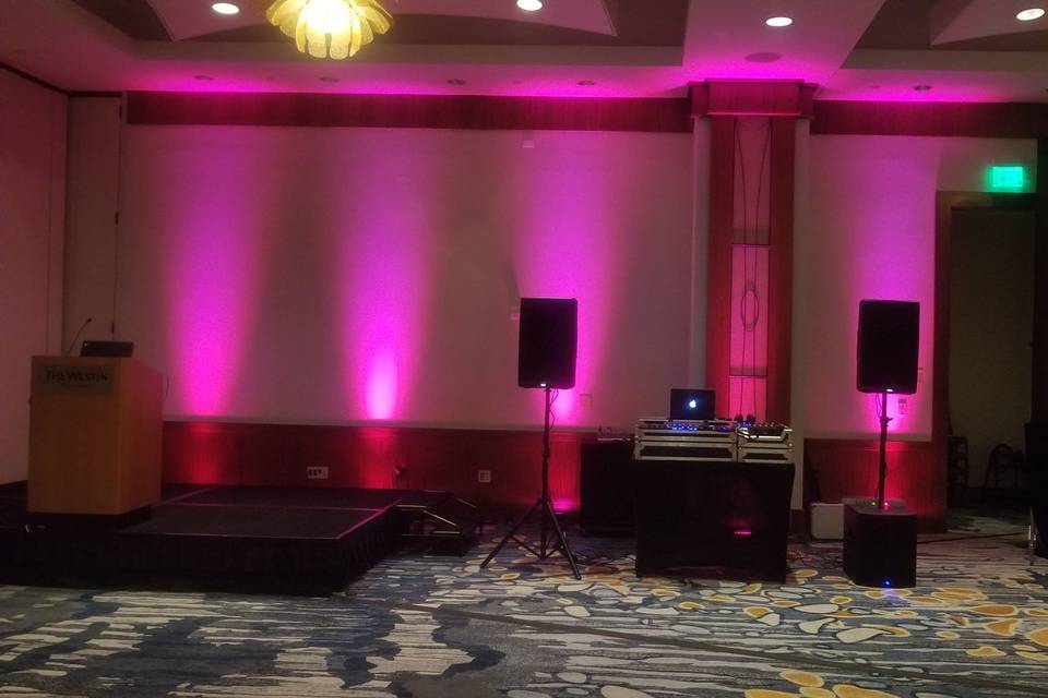 DJ booth and uplighting