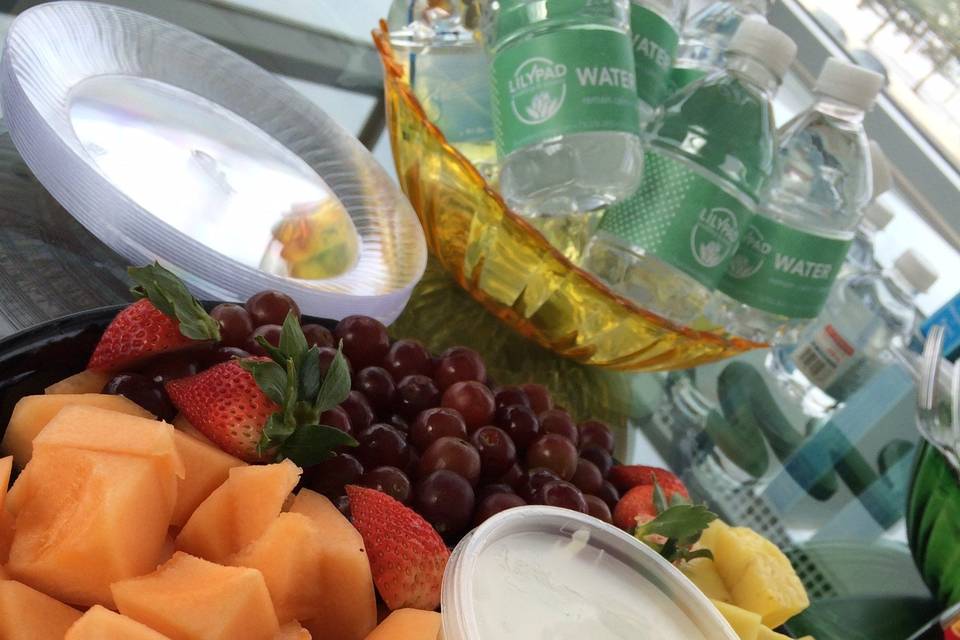 We highly recommend keeping hydrated and have small snacks throughout the day.  Here's a spread we had ready for the wedding party and guests of honor!  We also suggest trying to find a reception venue with a bridal suite/room where you can go to relax before the ceremony starts.