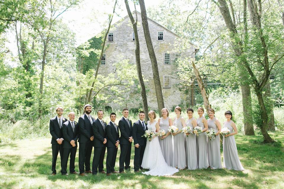 The couple with the bridesmaids and groomsmen