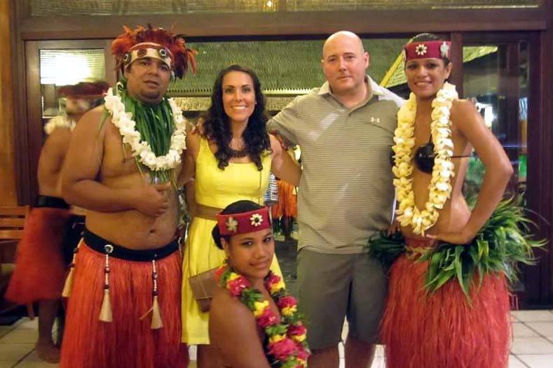 Kristin and Daniel's Tahiti honeymoon. Hanging out with the Polynesian dancers at the romantic Hilton Moorea Lagoon Resort & Spa.
Image:  Kristin F. Nestor