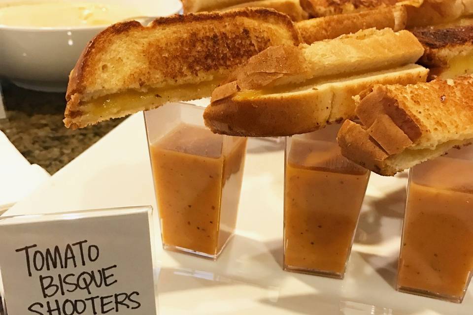 Tomato bisque shooters with grilled cheese sticks