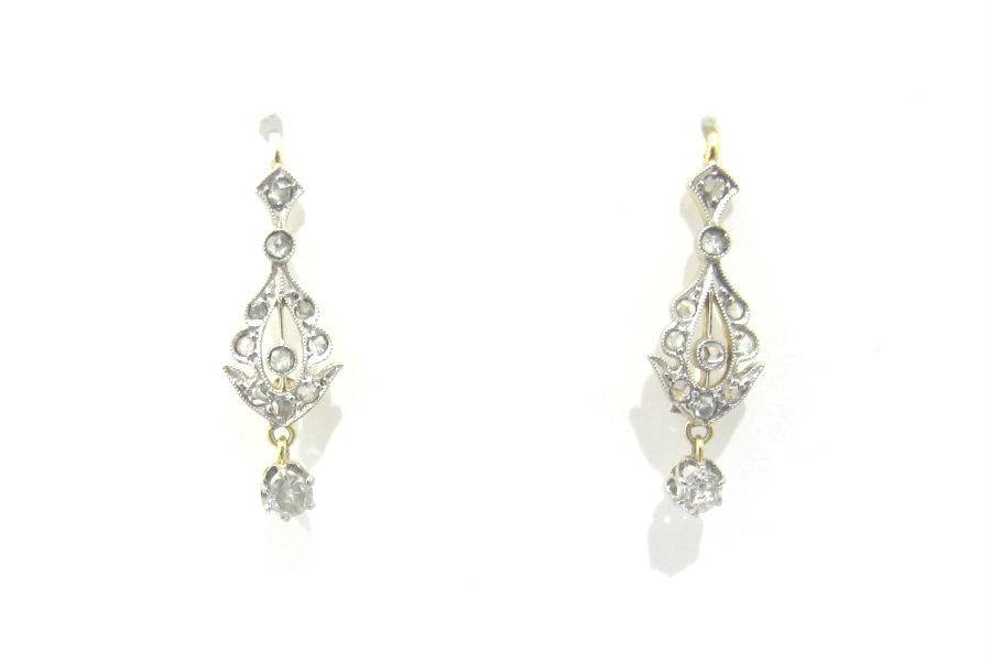 Edwardian platinum and 18k gold small dangle earrings, set with rose cut diamonds and an old European cut diamond dangle. A lovely option for wedding day adornment.