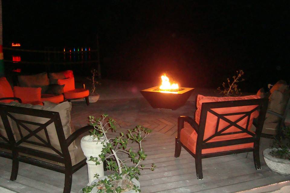 Patio with a fireplace