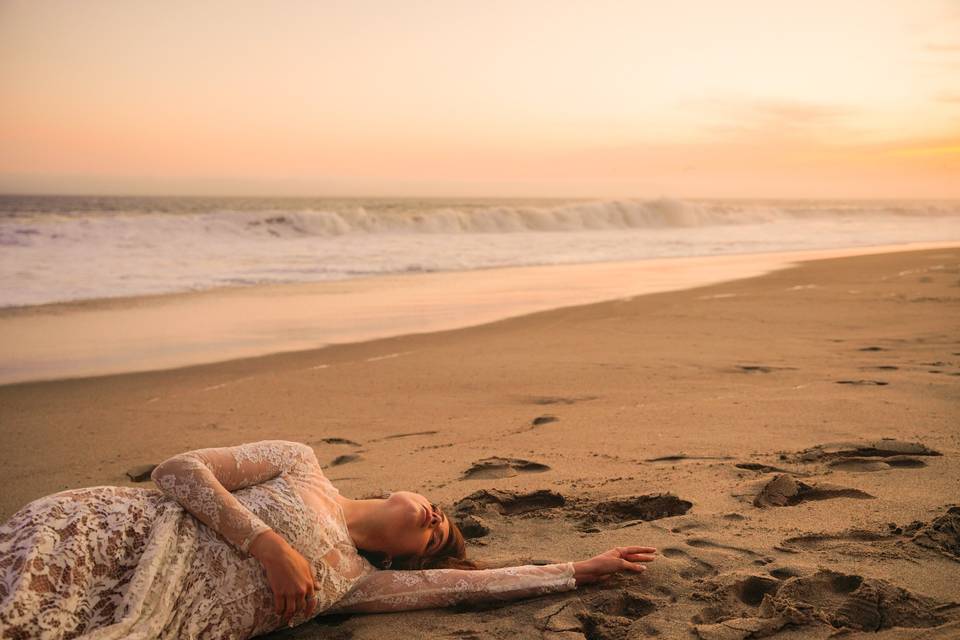 Cinematic bride on beach