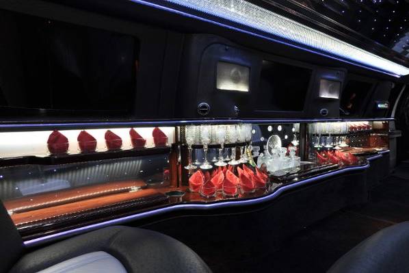 Interior of custom Ford Escapade limousine, seating for 24 passengers.