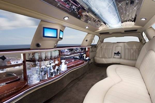 Interior of Lincoln Icon Super Stretch Limousine.  Comfortably seats 8 passengers.