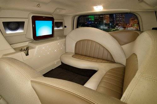 Rear seating area of Ford Excursion limousine.  Seats 14 passengers. http://www.viplimo.net/ford-excursion-limo/