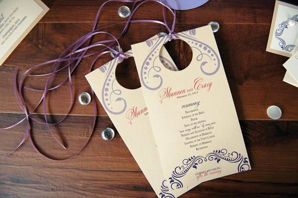 created for the An Affair to Remember showcase at the I Do Downtown Bridal Crawl, Stationery designed by The 2u Collection, LLC, studio photography by Liga PhotographyProgram- hangs from back of chair