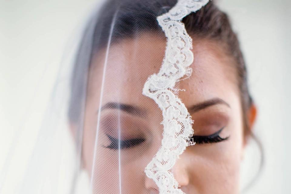 Bride posing with veil