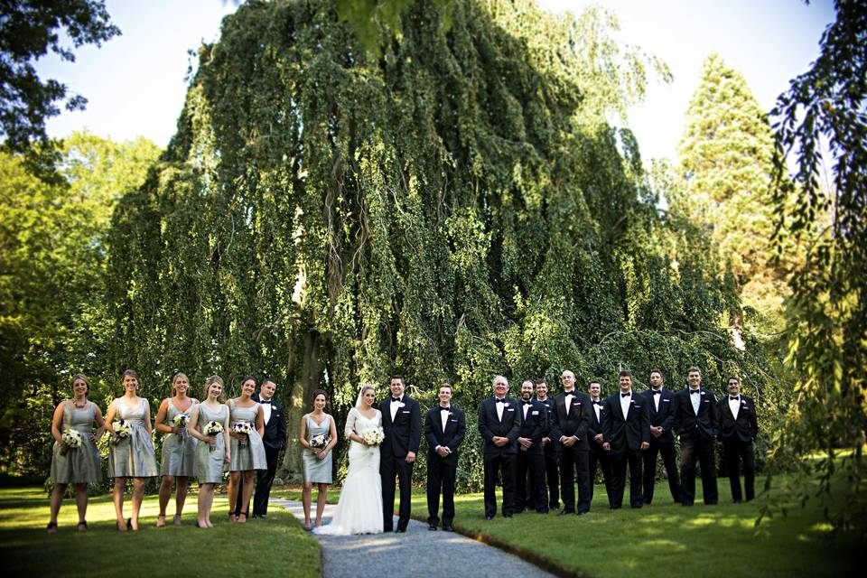 The couple with the bridesmaids and groomsmen