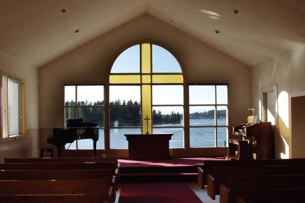 The Chapel's beautiful view of Tanglewood Island and Echo Bay.