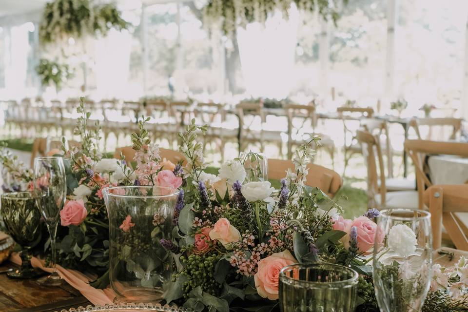 Tented garden reception setup